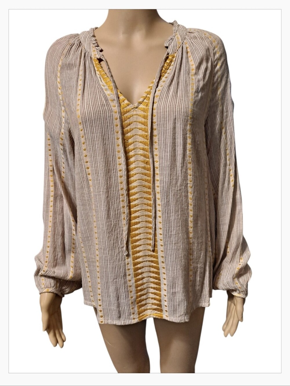 Lucky Brand Breathable Striped V-Neck Peasant Blouse With Gold Embroidery